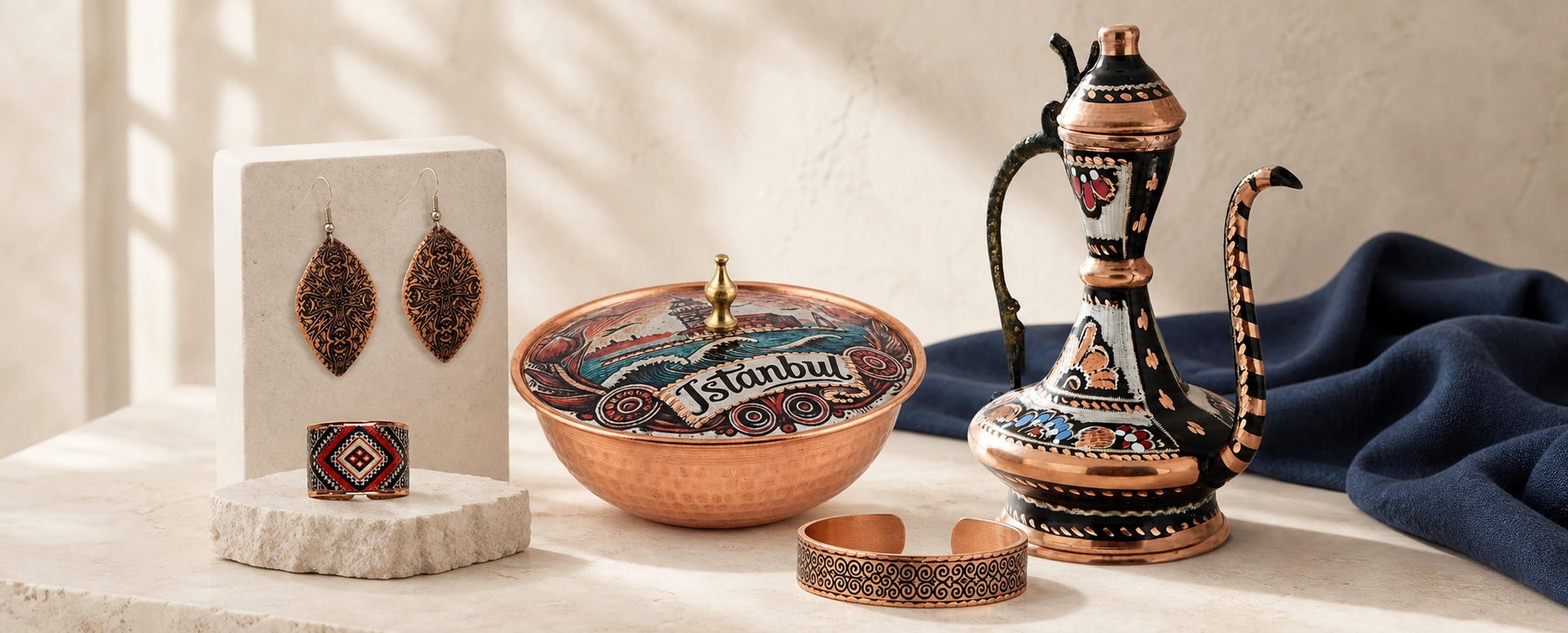 Signature handmade copper selection with an ewer, sugar bowl, bracelet, ring and earrings