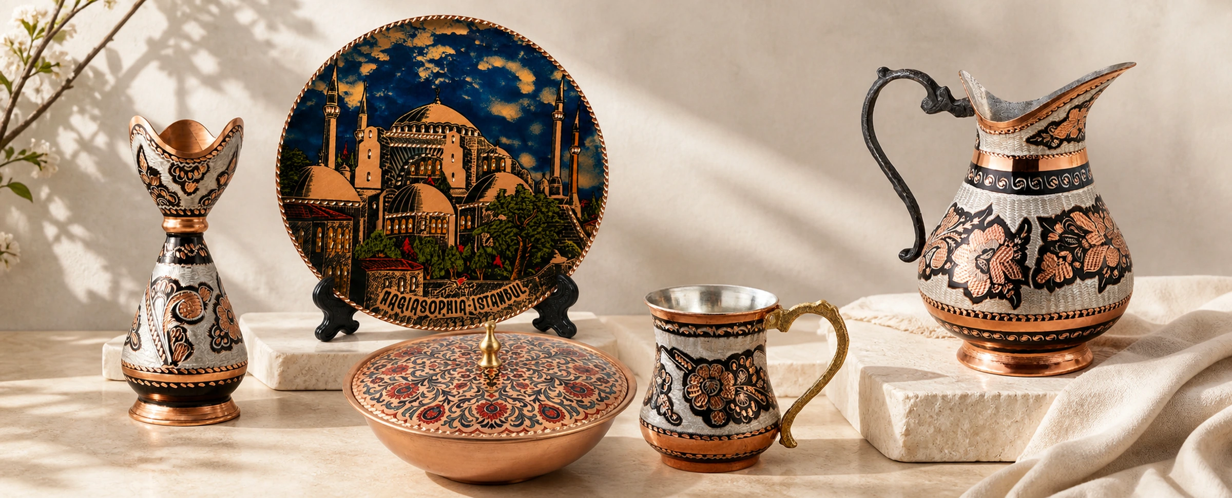 Handmade copper tabletop collection with a sugar bowl, tray, pitcher, cup and vase