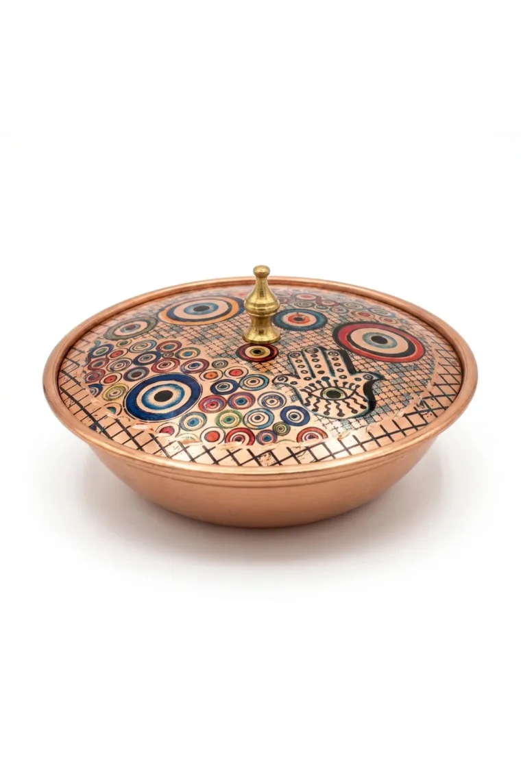 Safir El Yapımı Kapaklı Bakır Şekerlik, Nazar Motifli, 10 cm