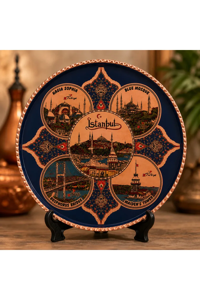 25 CM Buyuk Boy İstanbul Temalı Bakır Kahve Sunum Tepsisi ve Dekoratif Tabak – El İşçiliği Hediyelik