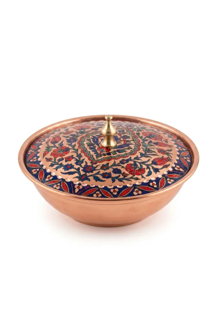 Lale El Yapımı Kapaklı Bakır Şekerlik, Lacivert Lale Deseni, 10 cm