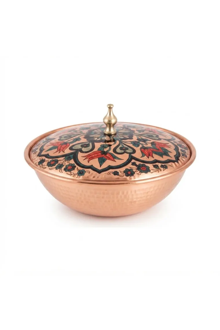 Hürrem El Yapımı Kapaklı Bakır Şekerlik, Kırmızı Lale Motifi, 10 cm