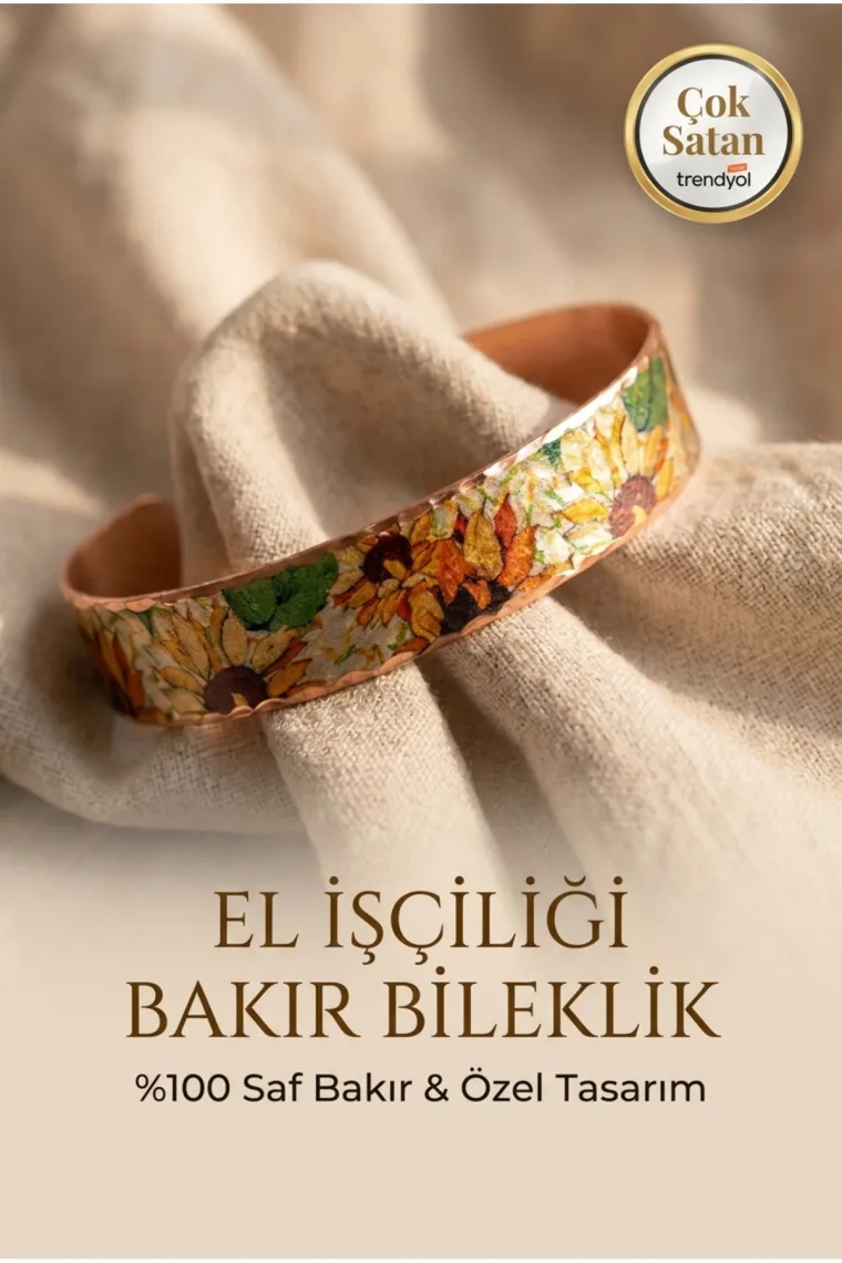 Bakır Vintage Ayçiçeği Desenli Ayarlanabilir Kelepçe Bileklik