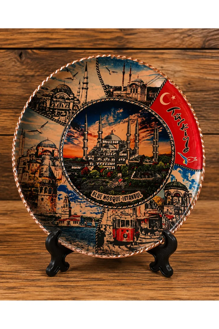 25 CM Buyuk Boy İstanbul Temalı Bakır Kahve Sunum Tepsisi ve Dekoratif Tabak – El İşçiliği Hediyelik